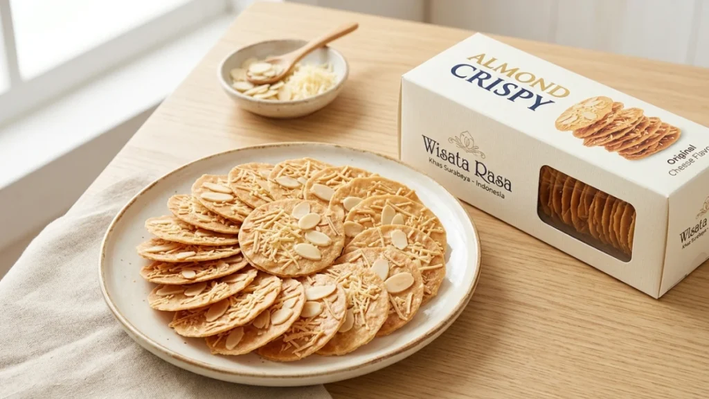 Deretan kotak Almond Crispy Wisata Rasa berbagai varian rasa di rak toko oleh-oleh Surabaya.