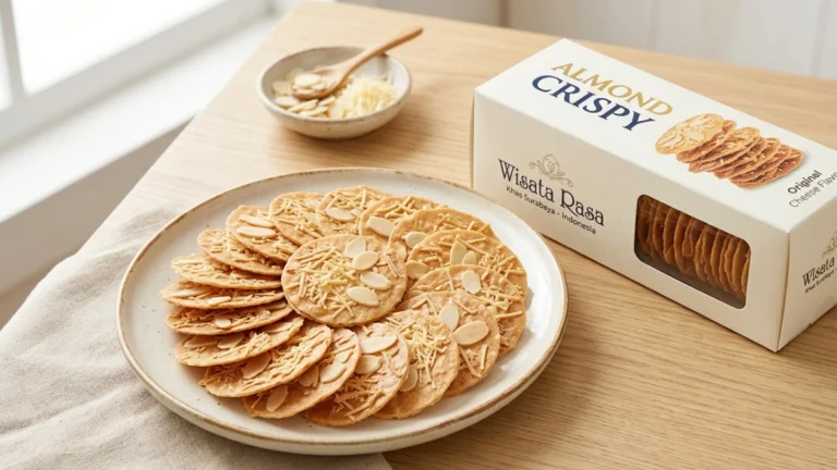 Deretan kotak Almond Crispy Wisata Rasa berbagai varian rasa di rak toko oleh-oleh Surabaya.