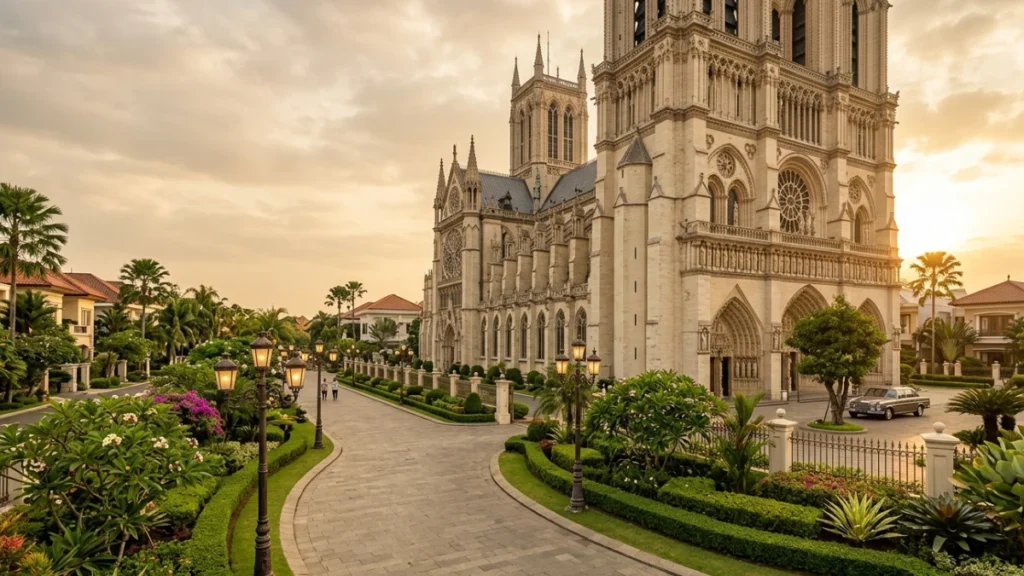 Kemegahan arsitektur Notre Dame Wisata Bukit Mas Surabaya yang bergaya Eropa klasik.