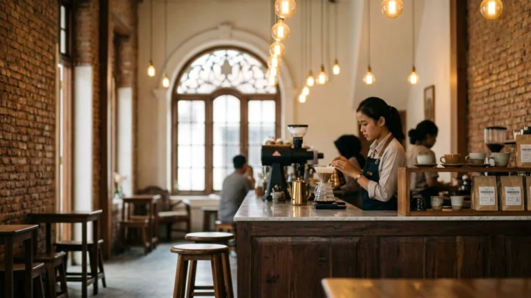 Interior cafe hits Surabaya 2026 dengan konsep heritage dan specialty coffee yang nyaman untuk nongkrong dan bekerja.