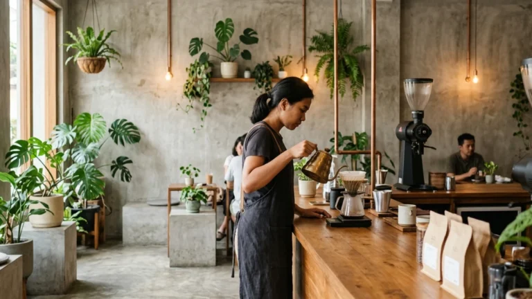Interior modern dengan barista sedang menyeduh kopi di salah satu coffee shop Surabaya terbaru yang estetik dan nyaman