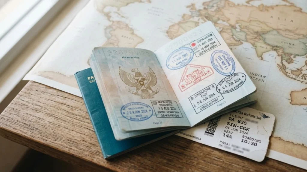 Paspor Indonesia terbuka dengan stempel visa, representasi negara bebas visa untuk Indonesia