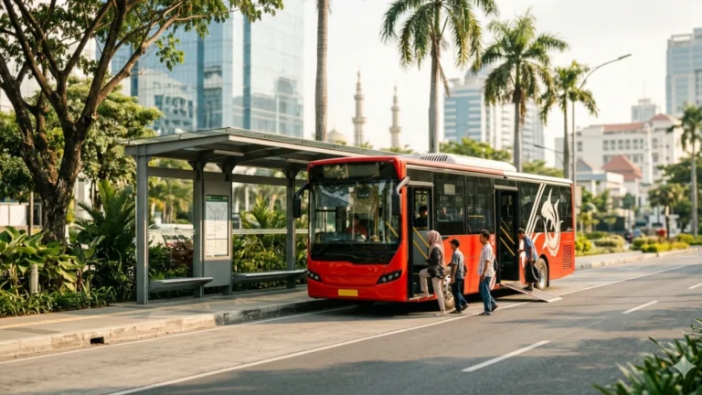 Suroboyo Bus berhenti di halte kota Surabaya sebagai panduan rute Suroboyo Bus 2026 bagi wisatawan dan warga lokal.