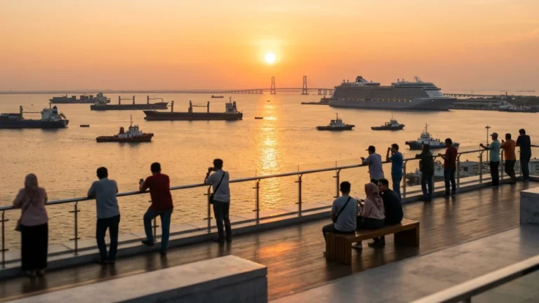 Panorama dek terbuka Surabaya North Quay menghadap Selat Madura dengan kapal pesiar dan pemandangan sunset yang memukau.