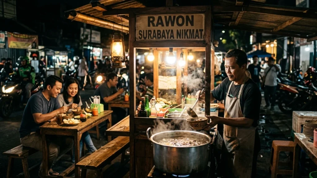 Suasana warung tempat makan enak Surabaya yang menyajikan rawon legendaris dengan kuah hitam pekat khas Jawa Timur.