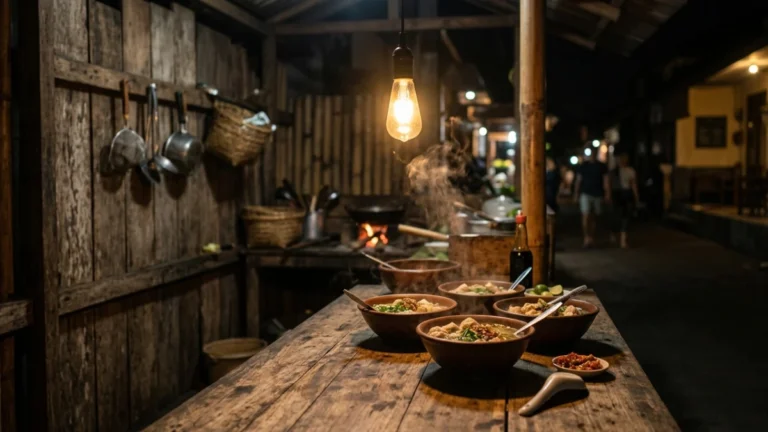 Warung street food malam di Surabaya dengan cahaya hangat sebagai salah satu tempat makan murah Surabaya yang populer