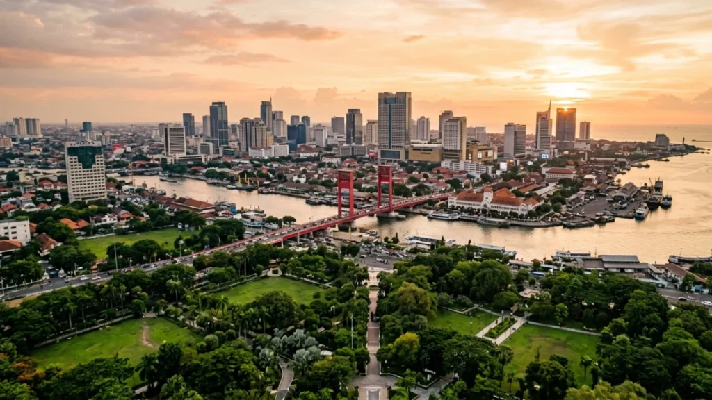 Panorama tempat wisata hits Surabaya 2026 dengan ikon Jembatan Merah dan taman kota yang hijau dari sudut aerial view.