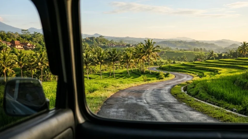 Pemandangan pedesaan dari jendela kendaraan, menggambarkan tips traveling Indonesia di jalur darat