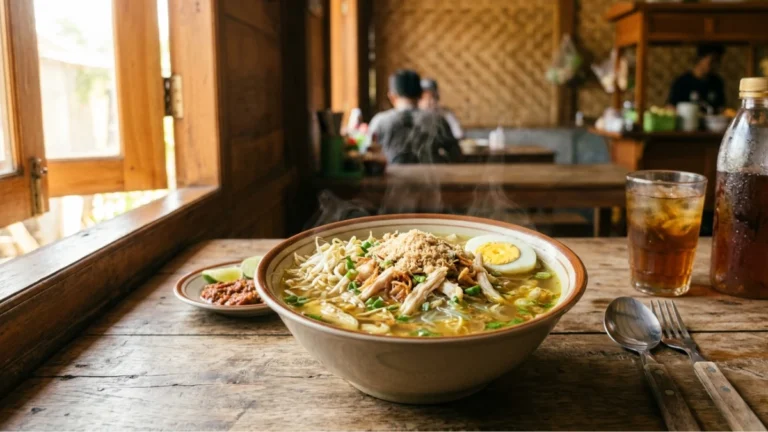Semangkuk soto ayam khas warung soto Surabaya dengan kuah bening, koya, dan isian lengkap yang menggugah selera.