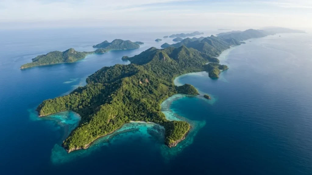 Pemandangan aerial kepulauan tropis Indonesia, gambaran keindahan wisata alam Indonesia dari udara