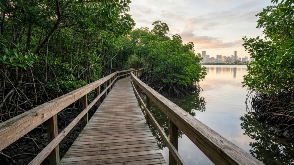 Jembatan kayu di tengah hutan mangrove Wonorejo sebagai salah satu destinasi wisata alam Surabaya terbaik