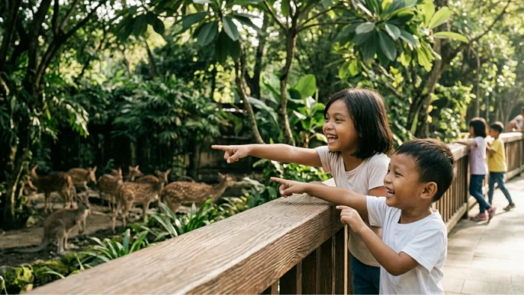 Dua anak tertawa melihat koleksi hewan di Kebun Binatang Surabaya — wisata anak Surabaya yang edukatif dan menyenangkan