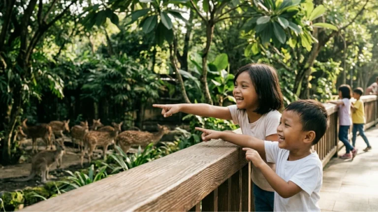Dua anak tertawa melihat koleksi hewan di Kebun Binatang Surabaya — wisata anak Surabaya yang edukatif dan menyenangkan