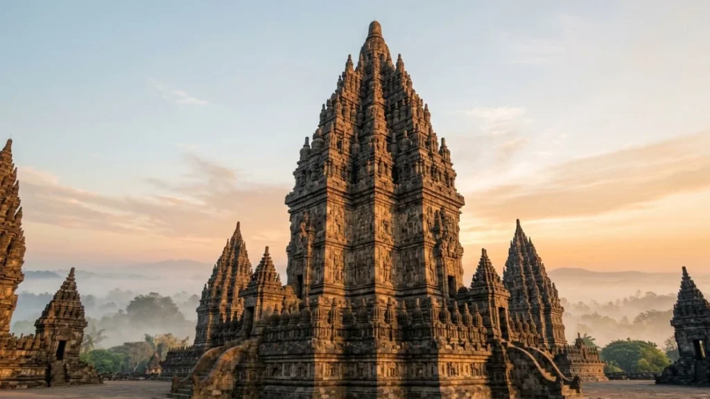 Candi Prambanan saat golden hour, destinasi wisata di Jogja yang ikonik