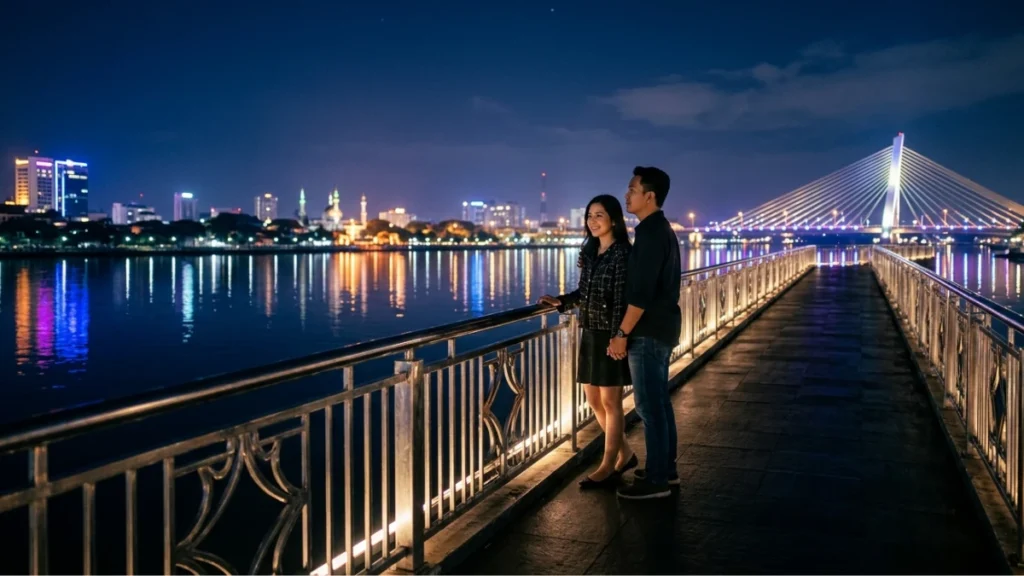 Pasangan menikmati wisata malam Surabaya di Jembatan Suroboyo dengan pantulan lampu LED di permukaan air Kenjeran