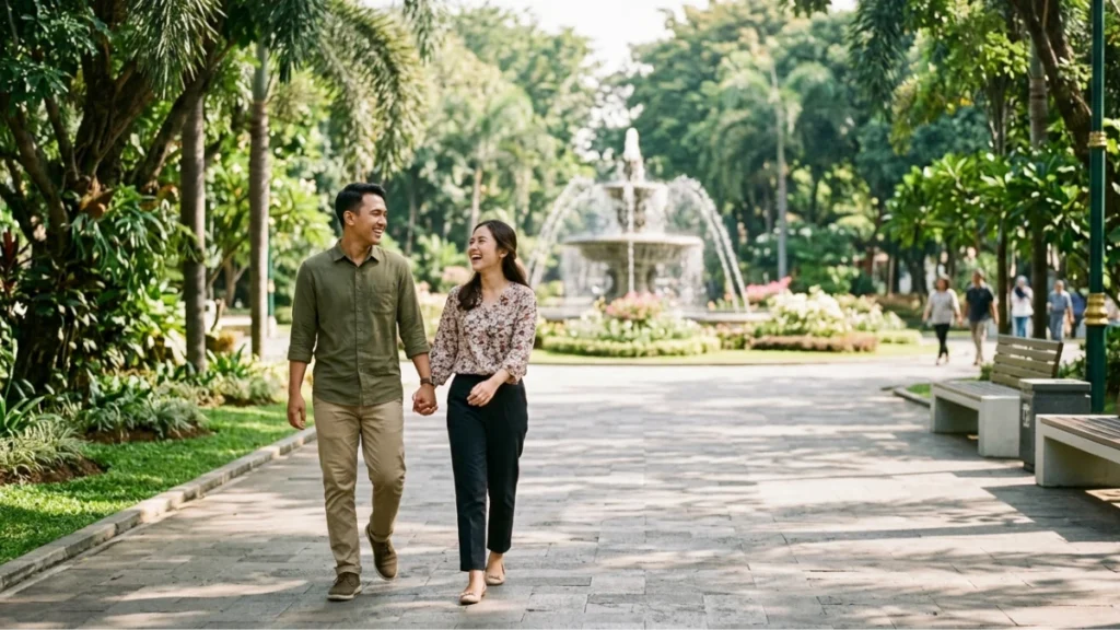 Pasangan menikmati wisata Surabaya murah di taman kota gratis dengan suasana hijau dan udara segar pagi hari.