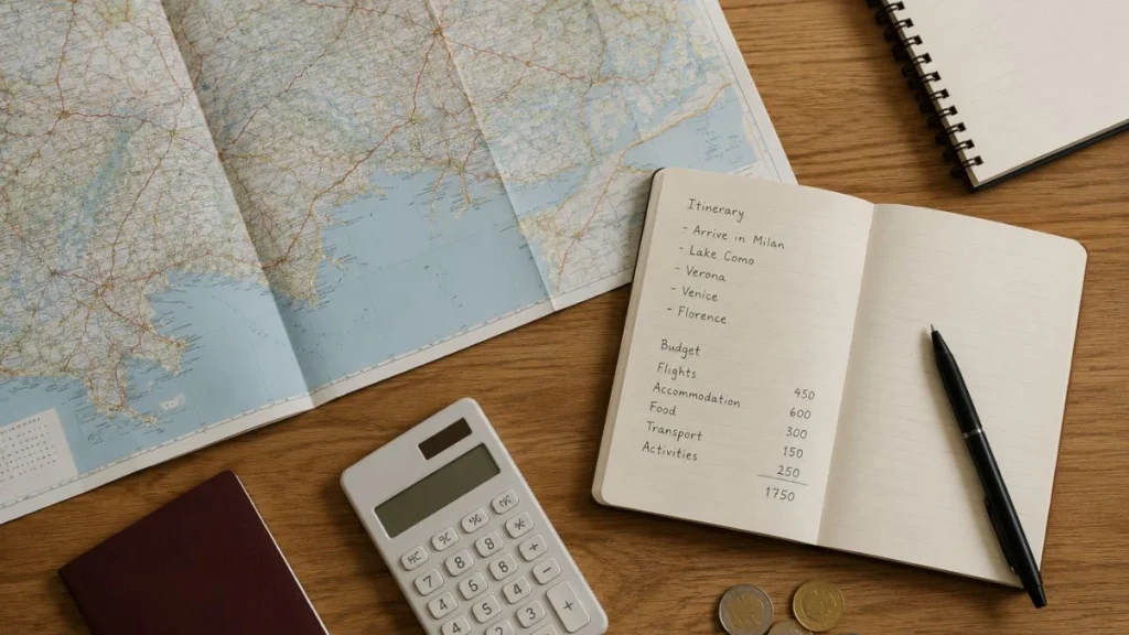 Peta dan catatan anggaran perjalanan di meja, ilustrasi budget travel tips