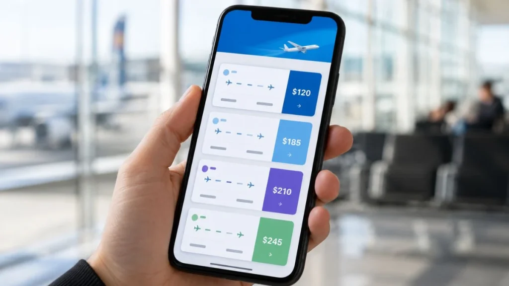 Tangan memegang smartphone dengan aplikasi booking tiket, ilustrasi promo tiket pesawat Juni 2026