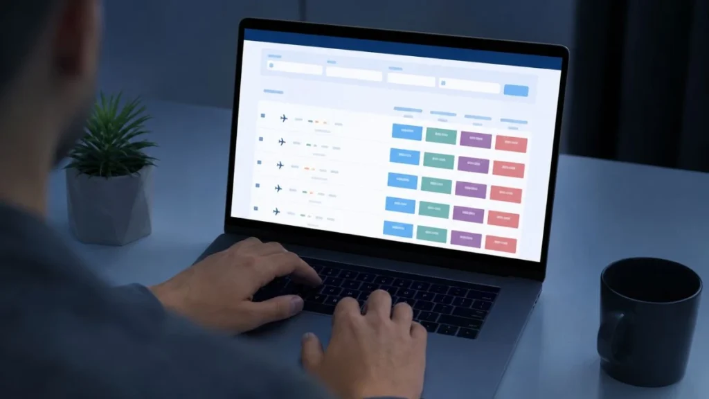 Tangan mengetik di laptop saat mencari tiket pesawat, ilustrasi tips beli tiket pesawat murah