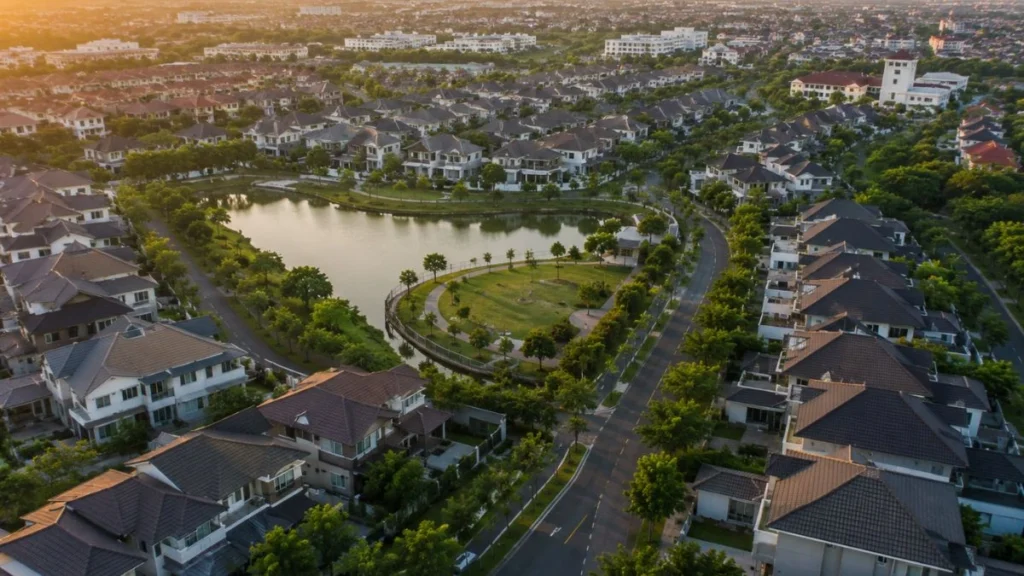 Aerial view of a master-planned Surabaya township representative of the city's best expat neighborhoods