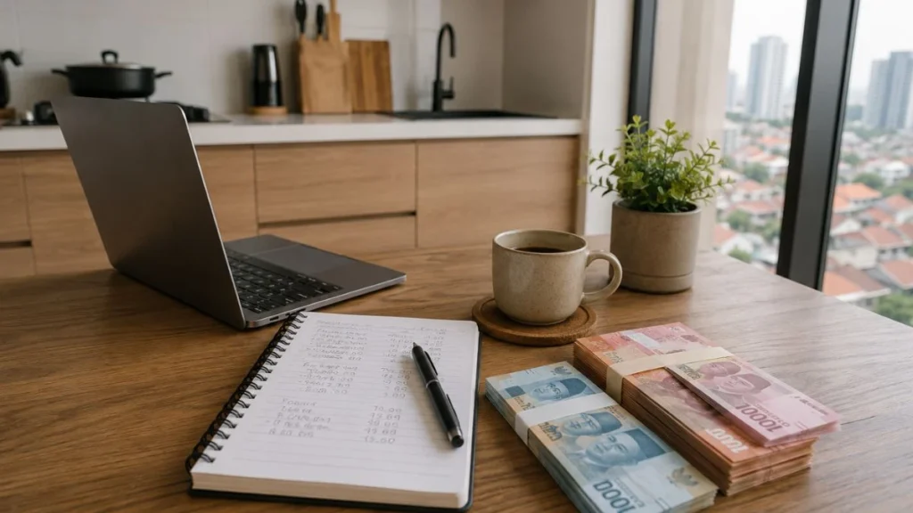Monthly budget planning for cost of living in Surabaya, with Rupiah notes and notebook on a table