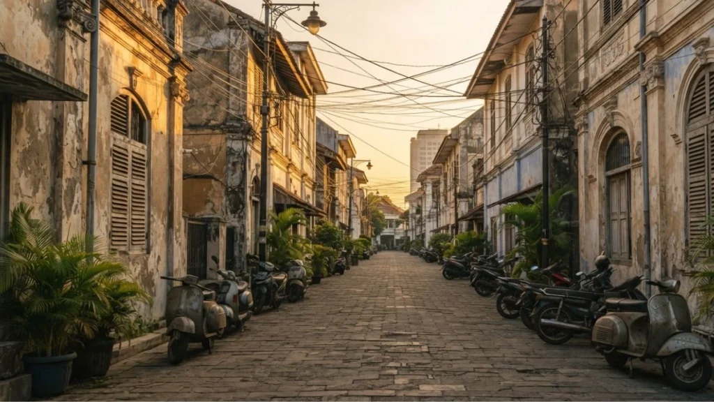 Weathered Old Town street in Surabaya at golden hour, representing the complete guide to Surabaya memories