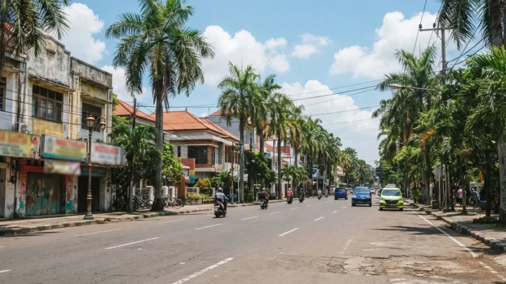 Clear dry-season sky over a Surabaya street illustrating the best time to visit