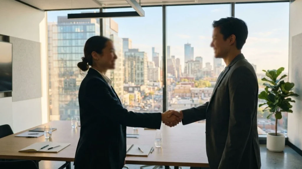 Business handshake in a Surabaya meeting room illustrating etiquette expectations for visitors