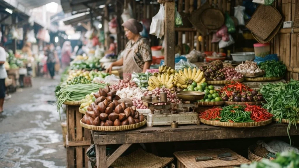 Traditional market stall in Surabaya with fresh produce representing local grocery shopping options