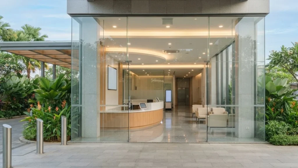Hospitals and clinics in Surabaya — a modern private hospital entrance used by foreigners