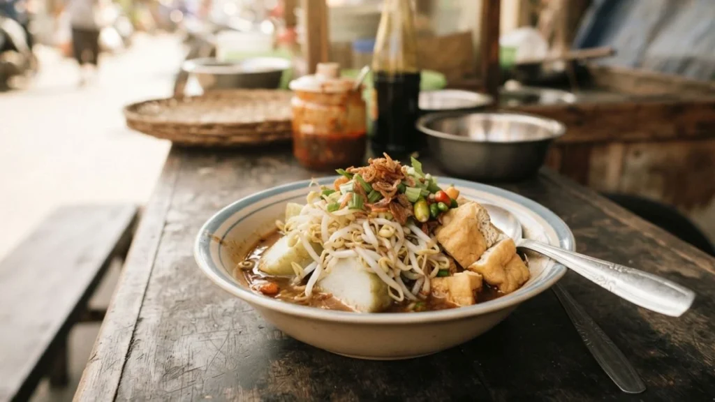 A bowl of lontong balap, Surabaya's traditional rice cake and bean sprout dish