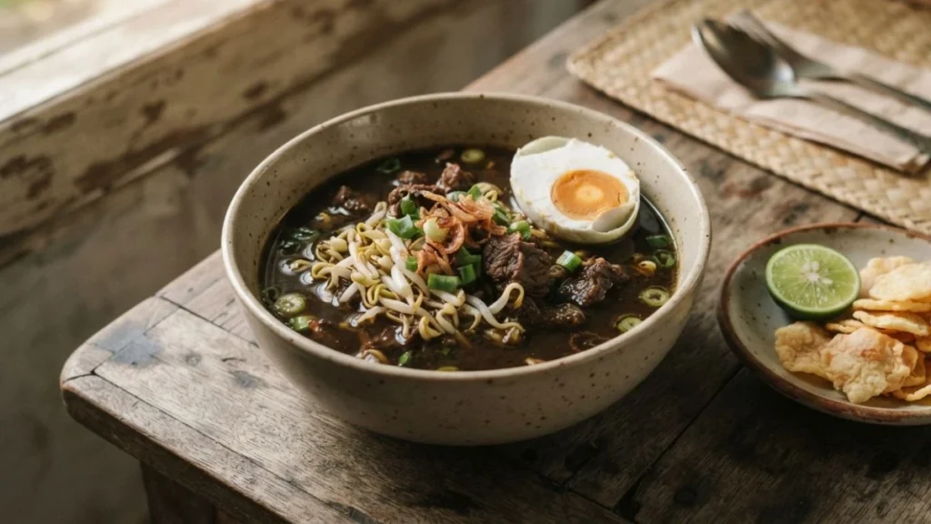 Bowl of rawon, Surabaya's iconic black beef soup, served with rice and accompaniments