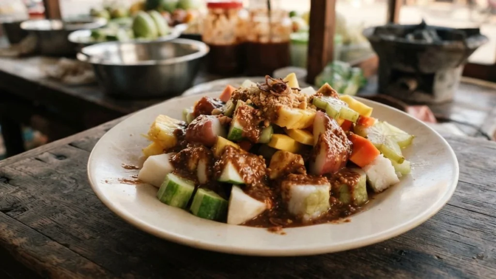 A plate of rujak cingur, Surabaya's iconic fruit and vegetable salad with petis sauce