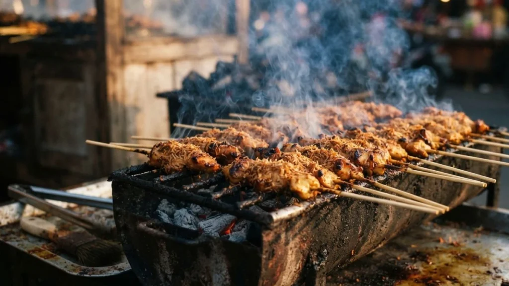 Sate Klopo, Surabaya's coconut-crusted satay, grilling over charcoal