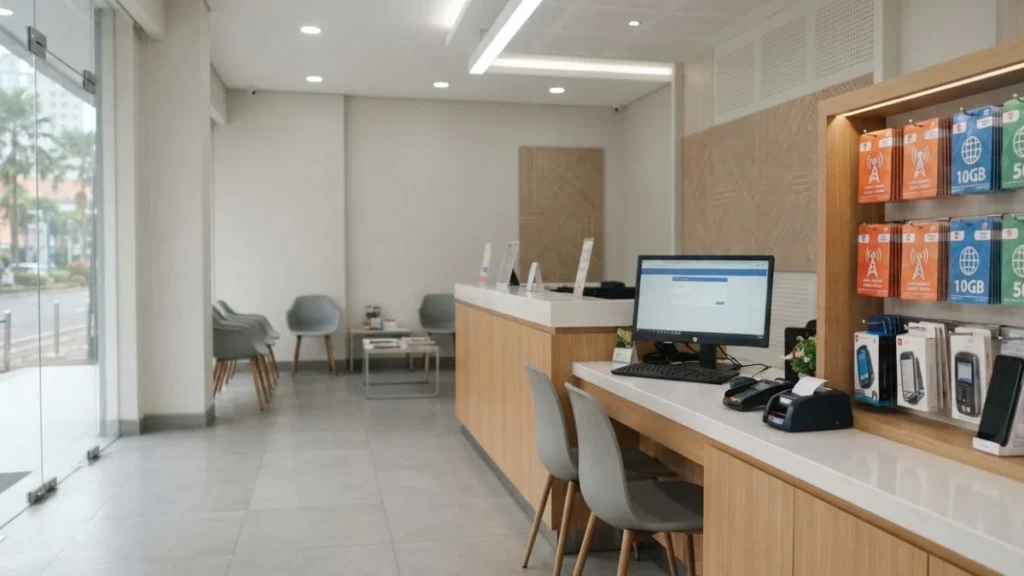Telecom store counter in Surabaya where foreigners can register a SIM card