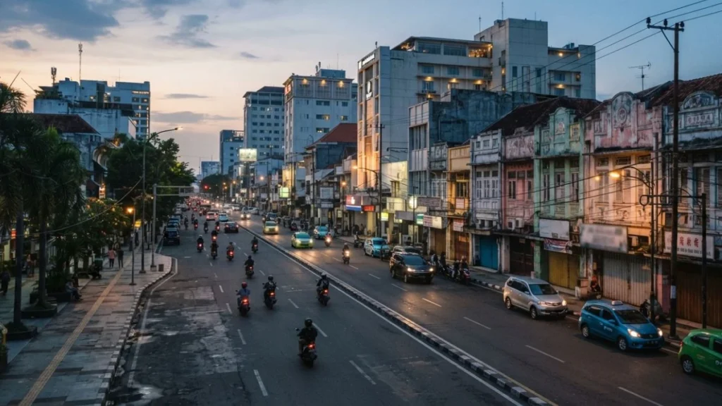 Surabaya Barat vs Timur vs Pusat — cityscape at dusk illustrating the contrast between the city's districts