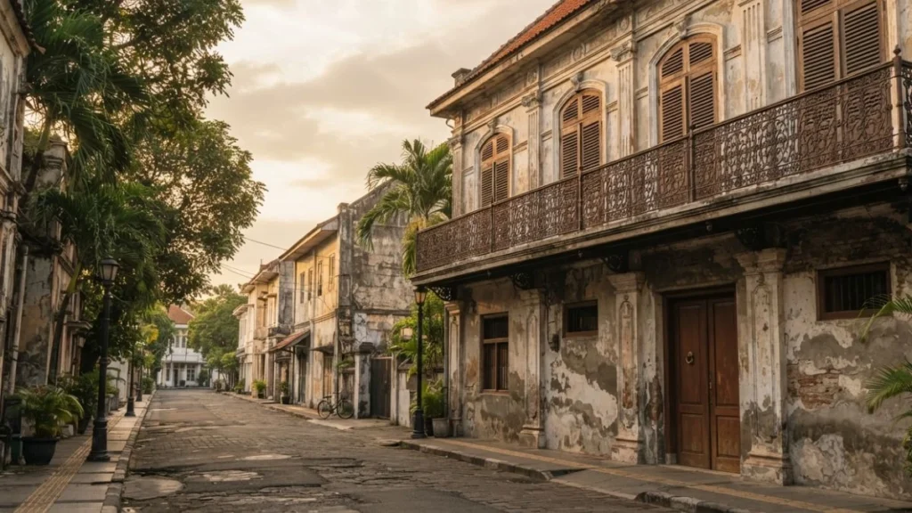 Weathered colonial building facade in Surabaya's Old Town Kota Lama district
