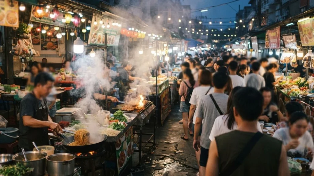 Bustling street food stalls at dusk representing Surabaya's best street food areas