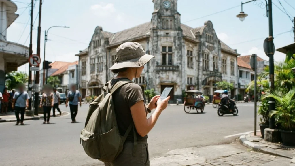 Visitor using a ride-hailing app on a Surabaya street representing short-trip transport options