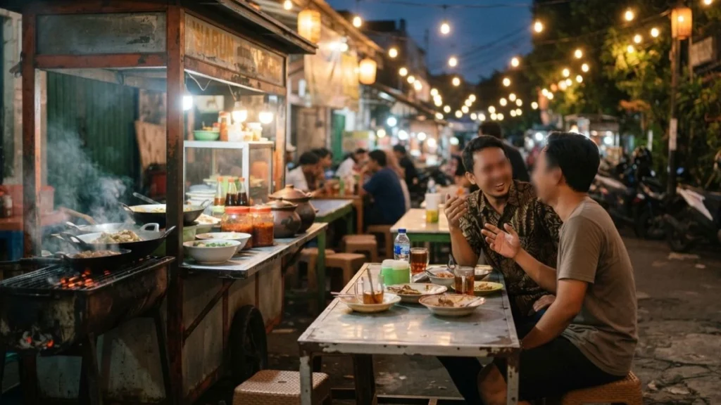 Friends chatting at a Surabaya food stall representing the city's direct, casual Suroboyoan dialect