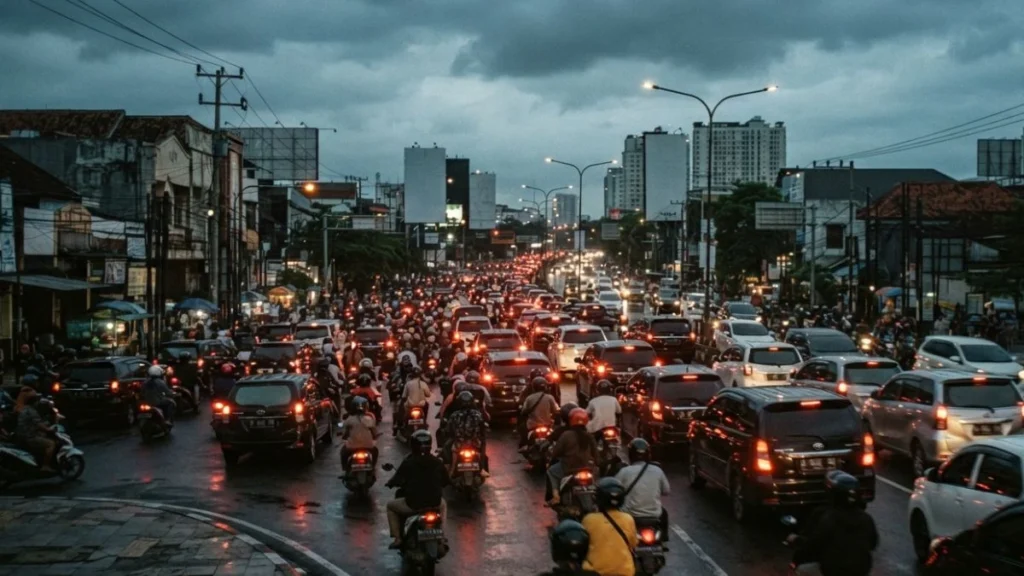 Dense evening rush hour traffic on a Surabaya road illustrating peak congestion patterns