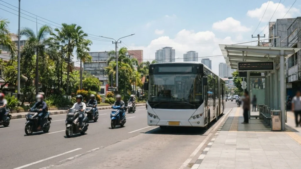 City bus at a Surabaya bus stop representing public transportation options