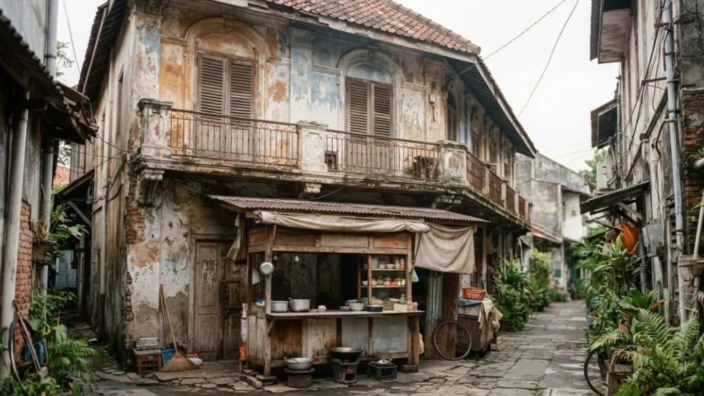 Weathered colonial-era trading house in Surabaya representing the city's vanishing historic architecture