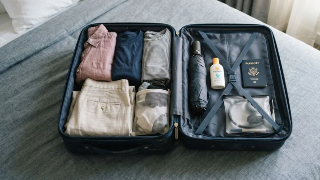 What to pack for a Surabaya trip — suitcase with lightweight clothing and travel essentials