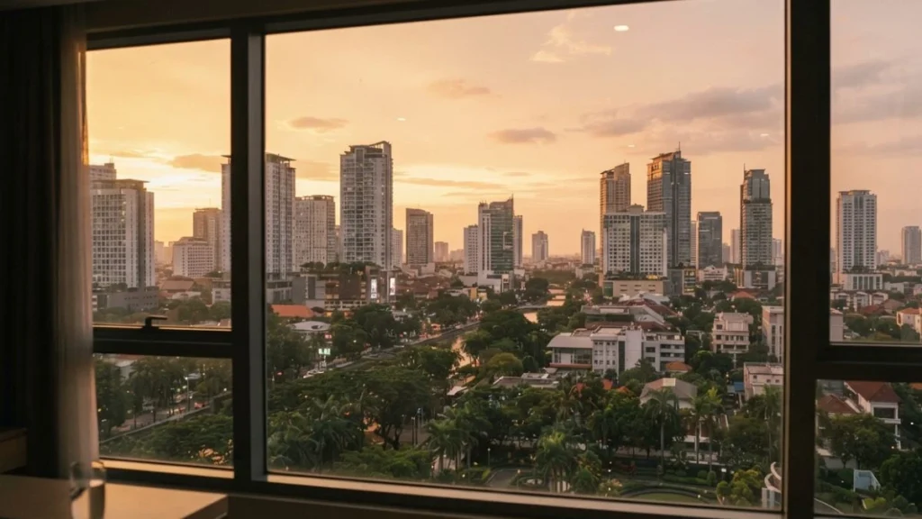 Surabaya city skyline view from a hotel room representing accommodation options for short trips