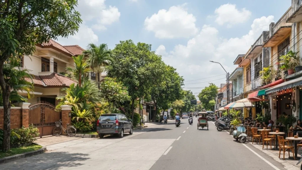 Young professional areas in Surabaya — a lively café street contrasted with a quiet family residential block